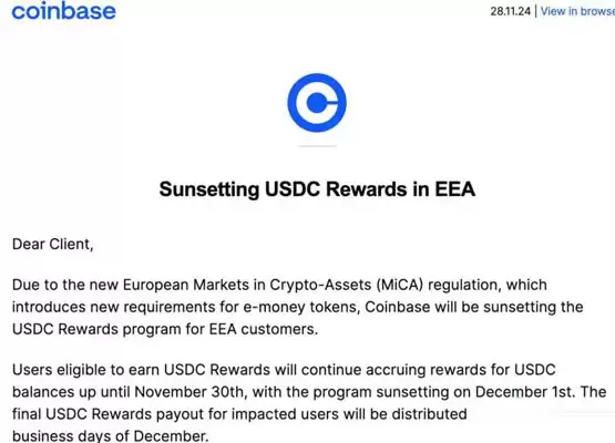Coinbase退出土耳其!受MiCA影响停用欧洲用户USDC收益服务