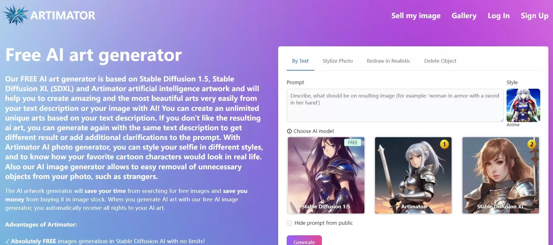 Artimator : 一键生成独特艺术作品的免费AI生成器