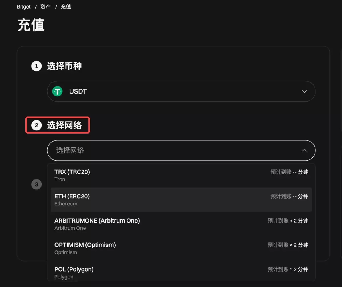 Bitget网页端选择网络截图