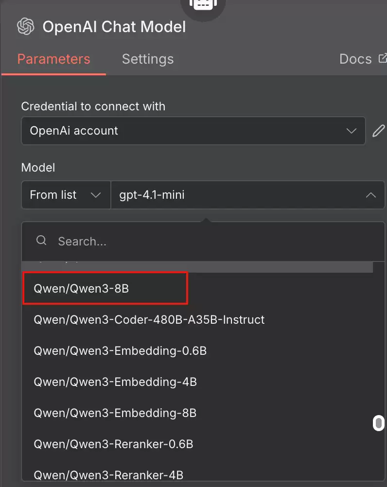 在n8n模型设置中选择Qwen3-8B