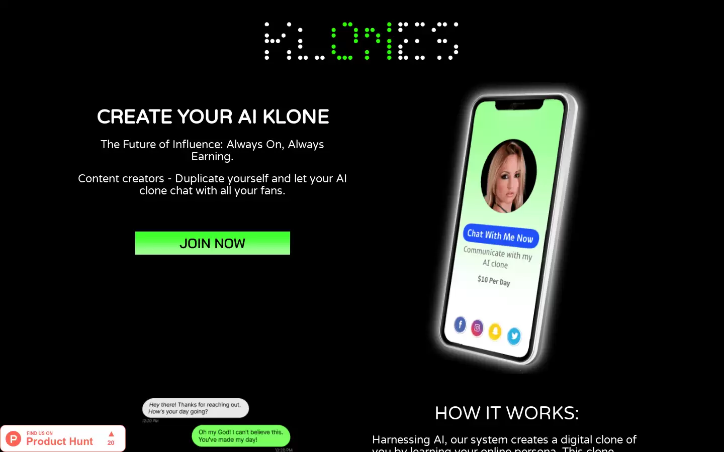 Klones : AI自己不会停止:你的AI克隆不间断地为粉丝互动和收入工作