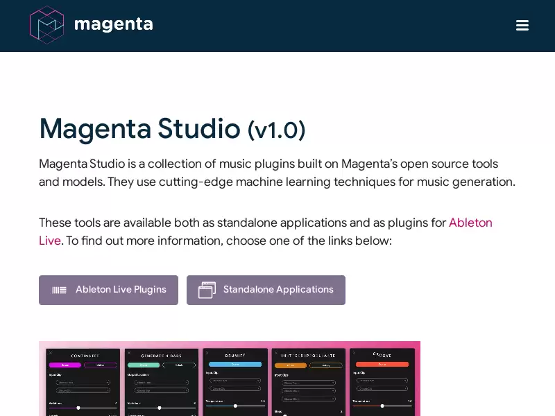 Magenta Studio : Magenta Studio是基于Magenta开源工具和模型构建的一组音乐插件。