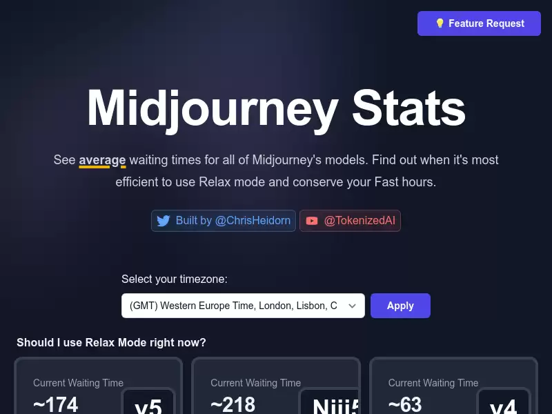 Midjourney Stats : 实时查看Midjourney各型号的平均等待时间。
