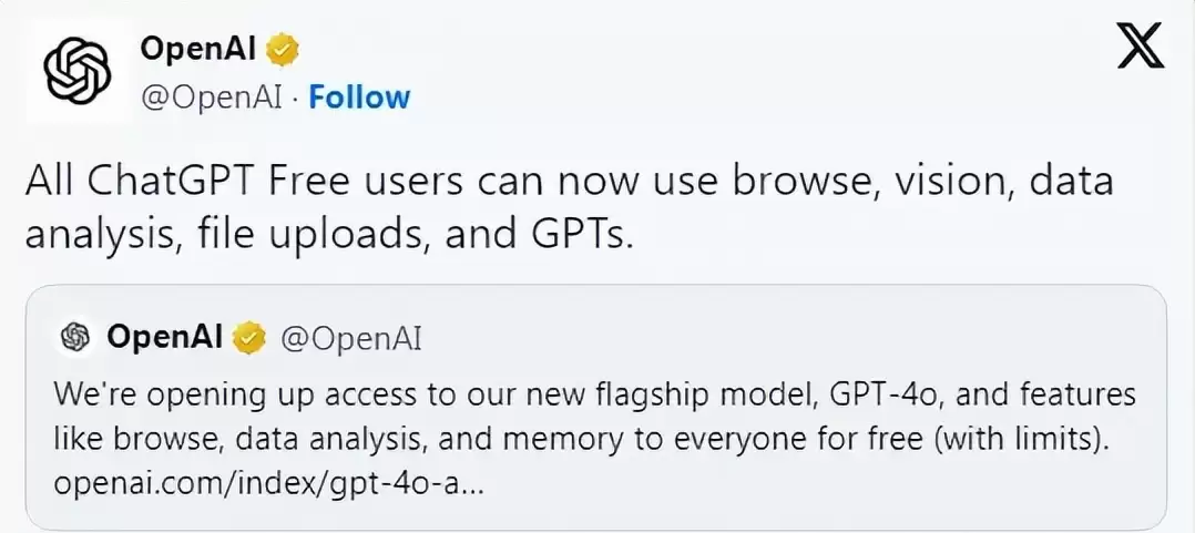OpenAI已向 ChatGPT 免费用户开放了联网、视觉等5大功能!