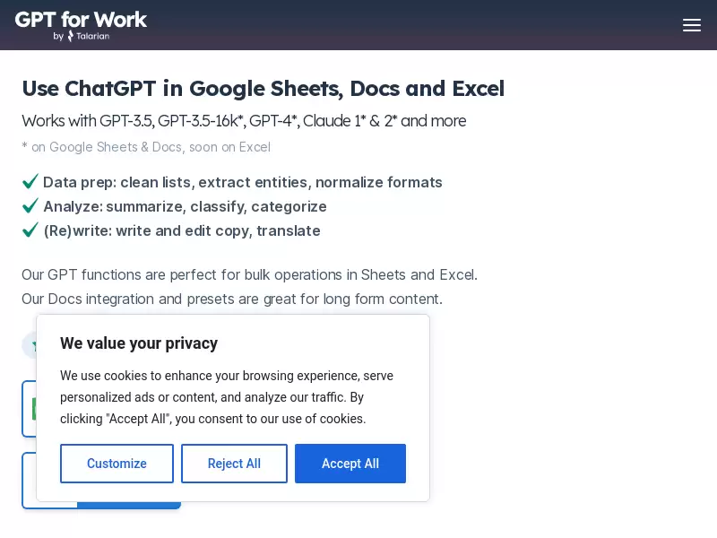 ChatGPT for Sheets and Docs : 在Google Sheets、Docs和Excel中使用ChatGPT