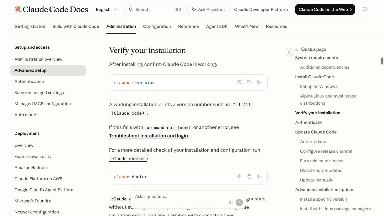 Claude Code 官方 Advanced setup 验证区域，显示 claude --version 与 claude doctor 命令