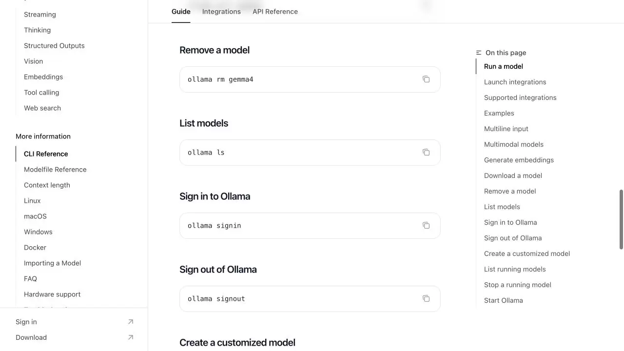Ollama 官方 CLI 文档展示删除模型与列出模型命令