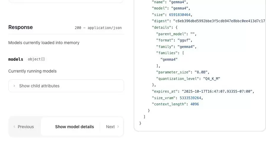 Ollama API Reference 的运行模型响应，显示 expires_at、size_vram 和 context_length 字段