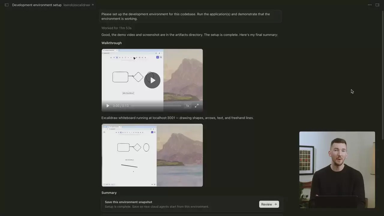 Cursor Cloud Agent 完成环境设置后显示演示产物与 Sa ve this environment snapshot