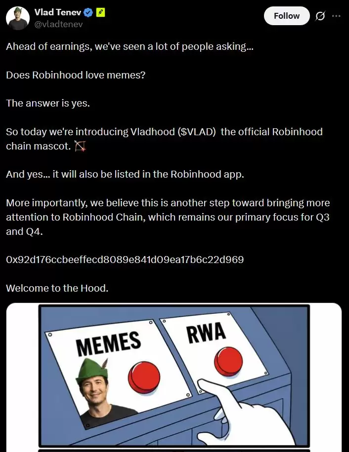 Robinhood CEO Vlad Tenev账号被黑!黑客推广Meme币VLAD窃取约650枚以太坊
