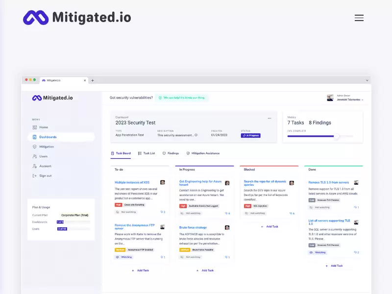 Mitigated.io : 将渗透测试和风险评估报告转化为协作工作空间，分配任务，跟踪进展，利用AI洞察