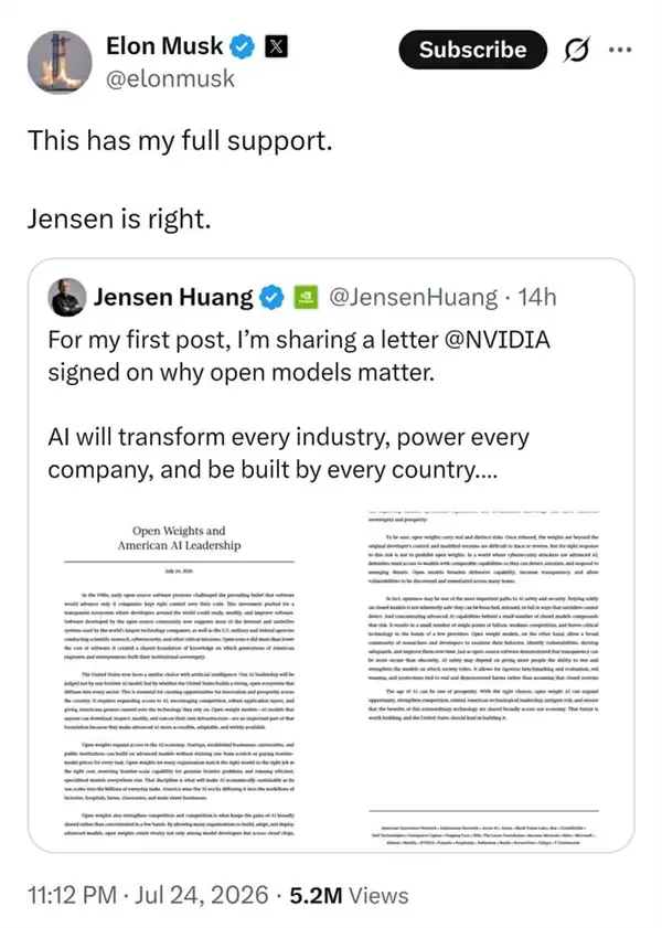 黄仁勋入驻X首条推文就炸场！联署数十家巨头力挺开源AI：马斯克一键三连