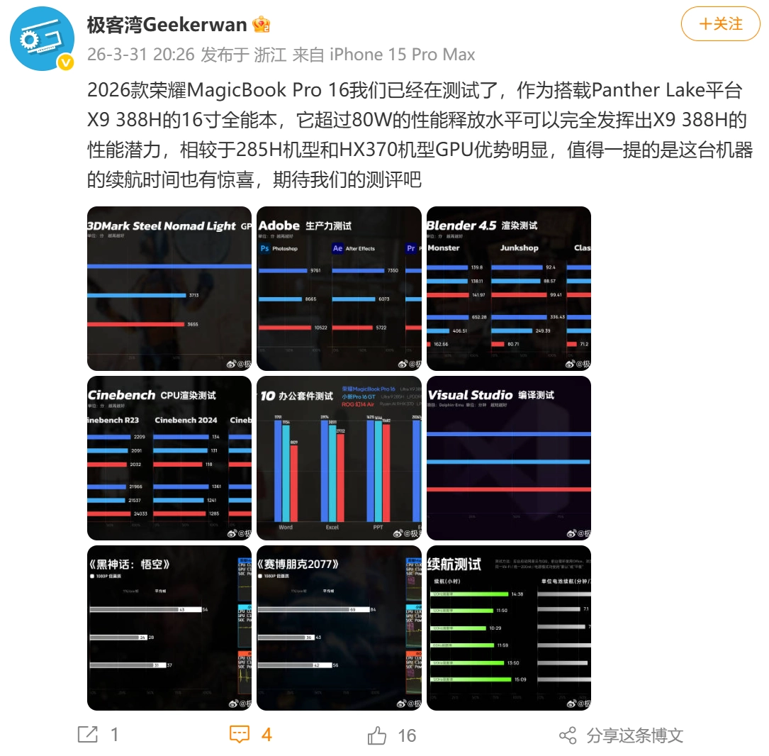 荣耀 MagicBook Pro 系列最新数据曝光:续航 16.7 小时超 MacBook,性能 88W 满血释放