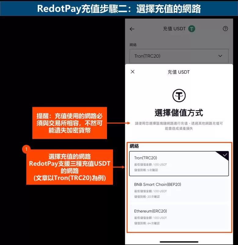 RedotPay充值步骤二：选择充值的网路