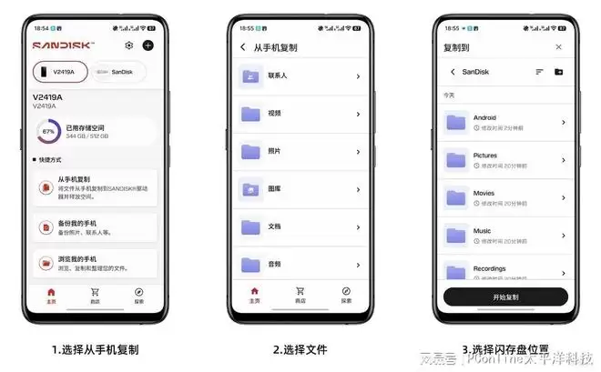 闪迪App文件复制界面，显示按类别整理的文件列表