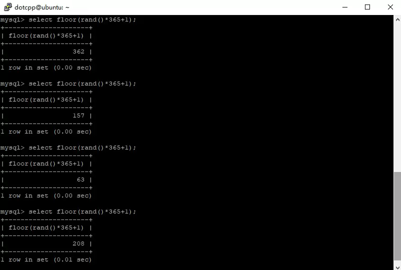 MySQL中使用FLOOR和rand()生成[1, 366)区间随机整数的查询结果