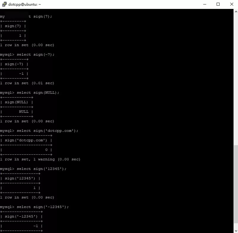 MySQL sign()函数执行结果截图,显示正数返回1,负数返回-1,NULL返回NULL,无效字符串返回0