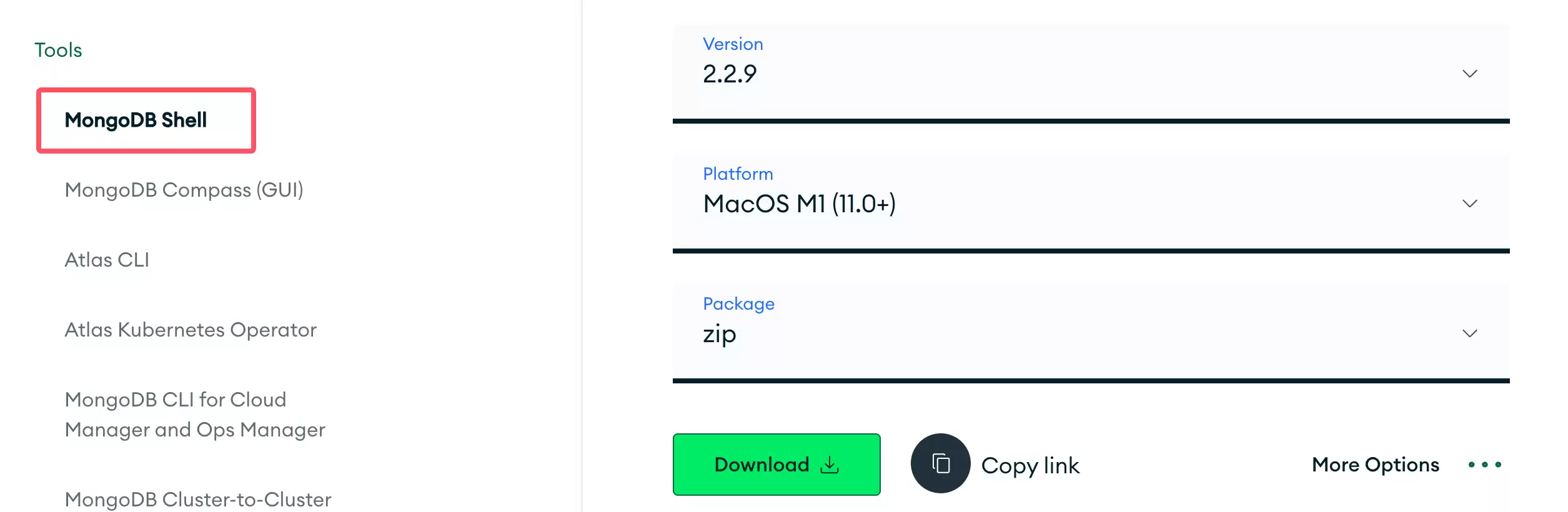MongoDB官网下载页面中MongoDB Shell的下载选项截图
