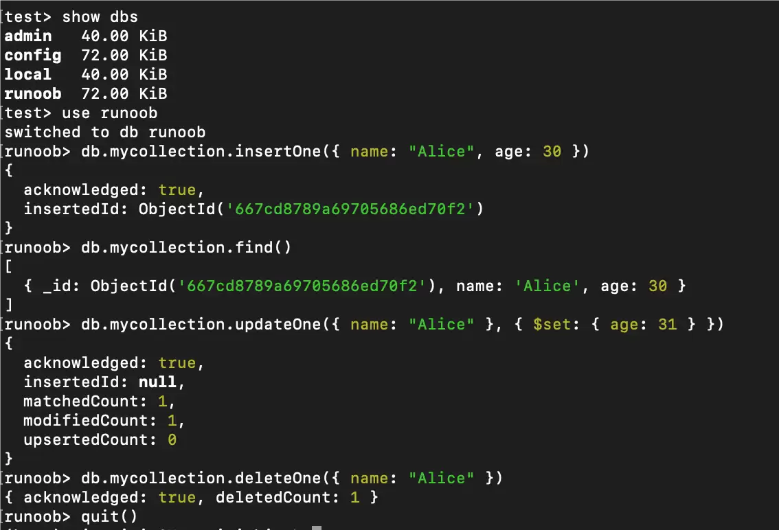 MongoDB Shell命令行执行插入、查询和删除文档的完整过程截图