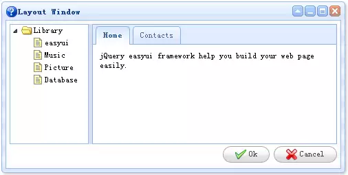 jQuery EasyUI 窗口内嵌布局的完整界面效果，左侧为树形菜单，中间为标签页，底部为操作按钮