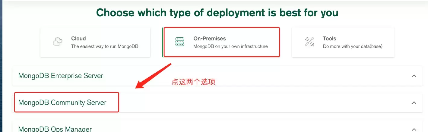 MongoDB 官方下载页面,展示了不同操作系统和包格式的选择界面
