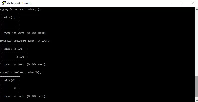 MySQL ABS函数查询结果截图