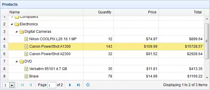 jQuery EasyUI 树形网格带有分页控件的界面截图
