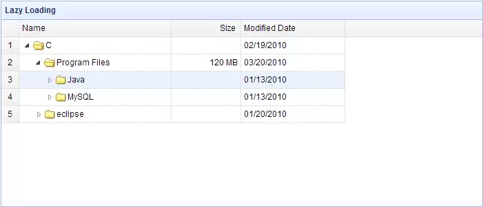 jQuery EasyUI TreeGrid 惰性加载节点效果演示图，展示了文件夹浏览器的树形结构