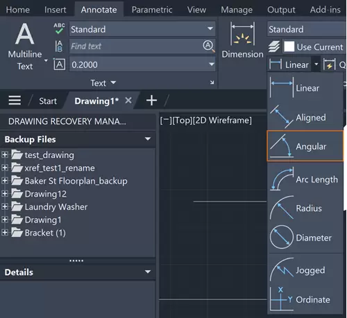 AutoCAD 标注工具面板显示线性、角度、半径、直径等标注类型