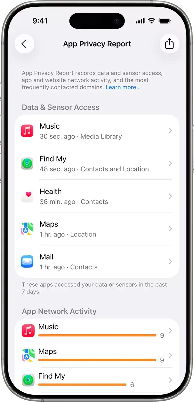 App隐私报告中数据与传感器访问记录的示例