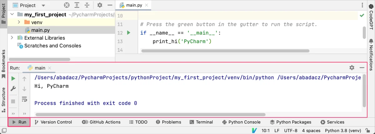 展示PyCharm代码编辑器中的Python测试脚本，以及运行脚本后下方Run窗口显示成功输出的真实界面。