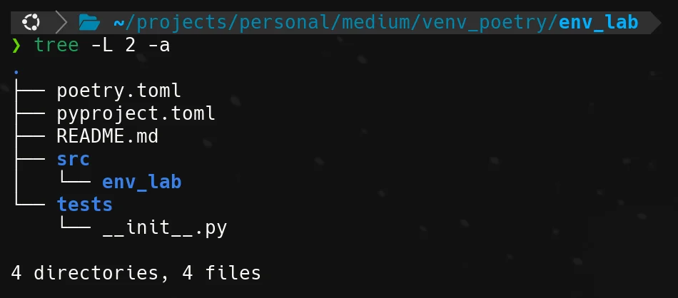 展示典型Python项目的src、tests、pyproject.toml等目录层级,并直观区分生产源码与测试代码。