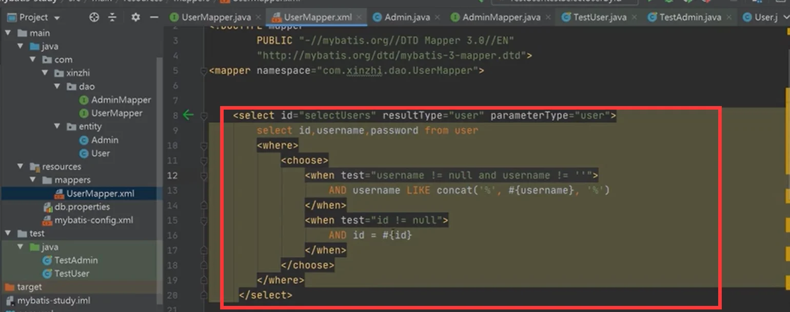 需要一张真实的代码编辑器中MyBatis Mapper XML或注解SQL示例配图，体现参数查询与动态排序等场景。