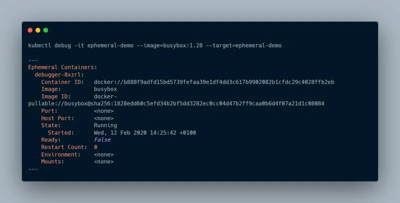 展示终端中执行 kubectl debug、创建 ephemeral container 并进入调试环境的真实操作画面。