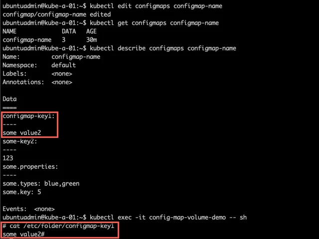 展示使用 kubectl 修改 ConfigMap 后，通过 Pod 内配置文件或日志验证新值生效的真实终端截图