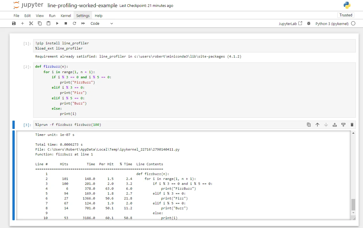 该节需要 Python 项目终端中安装 line_profiler 并运行分析命令的真实截图,最好同时展示目标函数代码。