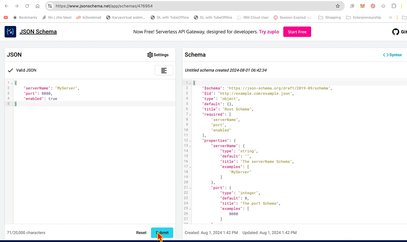 展示一个清晰的JSON Schema与对应JSON输出的真实代码编辑器截图或技术文档配图